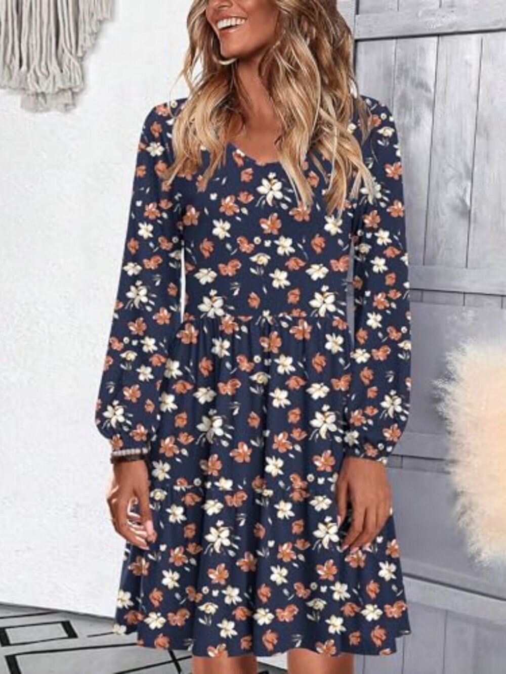 🆕 Women Casual A Line Dress V Neck Tiered Dress Long Sleeve Tunic Dress with - Picture 2 of 4